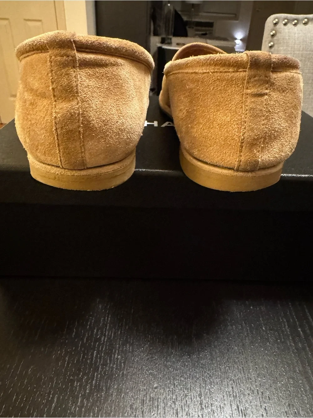 CHANEL Tan Suede Shearling-Lined Slip-On Loafers with CC Hardware
